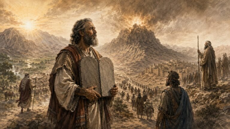 Moisés com as tábuas diante do monte, do povo de Israel e dos profetas do Antigo Testamento