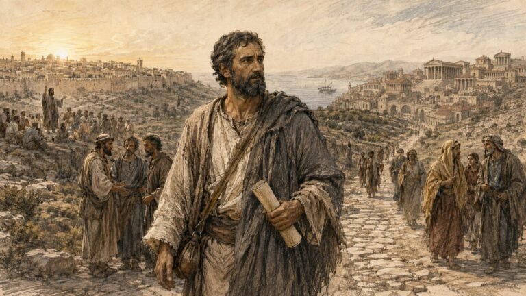 Apóstolo Paulo em uma estrada entre Jerusalém e Roma durante a expansão da Igreja primitiva